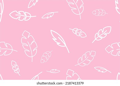 Vector seamless pattern with white falling feathers on a pink background, doodle style for fabric textile, wrapping