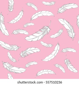 Vector seamless pattern with white falling feathers on a pink background in cute cartoon style. Hand drawn vector illustration