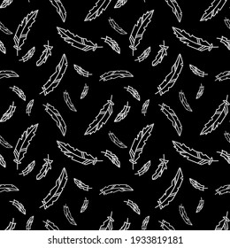 Vector seamless pattern with white feathers on a black background. Perfect for printing on fabric, paper.
