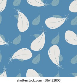 Vector seamless pattern of white feathers on blue background. Elegant tender design for card, website, wrapping, background. Ethnic elements of nature