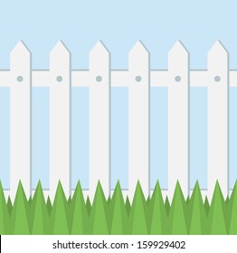 Vector seamless pattern of white fence, grass and light blue background