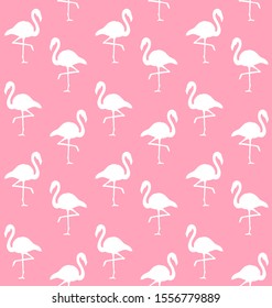 Vector seamless pattern of white flamingo silhouette isolated on pastel pink background