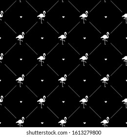 Vector seamless pattern of white flamingo silhouette and hearts isolated on black background
