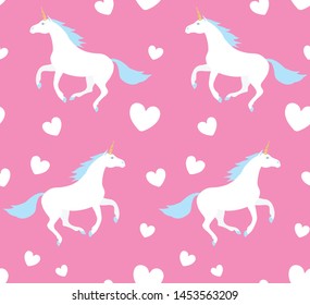 Vector seamless pattern of white flat cartoon unicorn isolated on pastel pink background