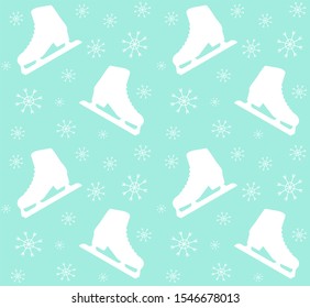 Vector seamless pattern of white flat ice skates silhouette and snow flakes isolated on mint background 