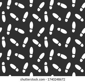 Vector seamless pattern of white flat human boot foot print isolated on black background