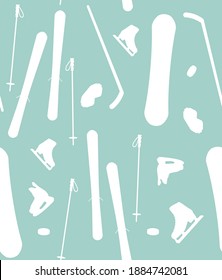 Vector seamless pattern of white flat winter sport equipment silhouette isolated on mint background