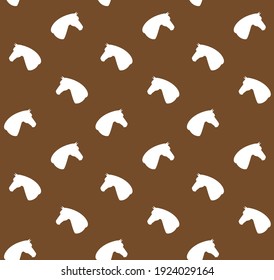 Vector seamless pattern of white flat horse head silhouette isolated on brown background