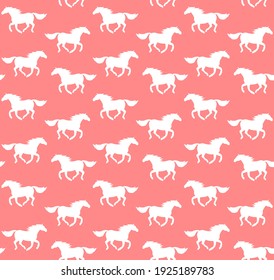 Vector seamless pattern of white flat horse silhouette isolated on pink background