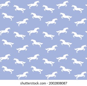 Vector seamless pattern of white flat jumping unicorn silhouette isolated on blue background