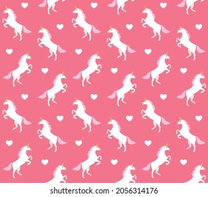 Vector seamless pattern of white flat cartoon unicorn isolated on pink background