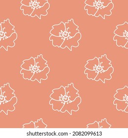 Patrón de vectores sin fisuras con flores blancas sobre fondo de coral de calcinación.Afiche de estilo doodle simple, floral, minimalista, festivo.Diseños para impresiones, pegatinas, impresiones, invitaciones, textiles, papel envolvente.
