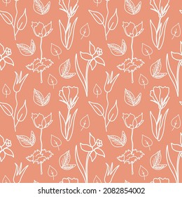 Vector seamless pattern with white flowers on Calming Coral background.Simple,floral,minimalist,festive doodle style poster.Designs for prints,stickers,printing,invitations,textiles,wrapping paper.