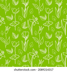 Vector seamless pattern with white flowers on neon green background. Bright, floral, botanical print in doodle style hand drawn. Designs for textiles, fabric, wrapping paper, invitationspackages.