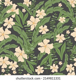 Vector seamless pattern, white flowers and greenery on a gray background. Fashion illustration in trend