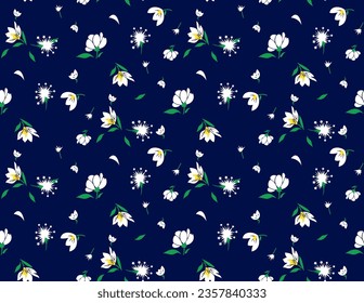 vector seamless pattern with white flowers and blossoms and leaves on navy blue (dark blue) background