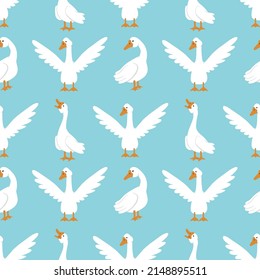 Vector seamless pattern with white geese on a blue background. A goose with spread wings and a cackling goose. Bright print for fabrics, wrapping paper, design, etc.