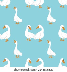 Vector seamless pattern with white geese on a blue background. A pair of geese look at each other and a cackling goose. Bright print for fabrics, wrapping paper, design, etc.