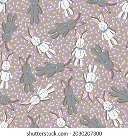 vector seamless pattern white and gray rabbits doll toys with bows and eyes with buttons on a background of colored spots. Background for nursery, children's things, fabrics, prints.