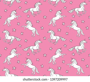 Vector seamless pattern of white hand drawn doodle sketch unicorn isolated on pastel pink background