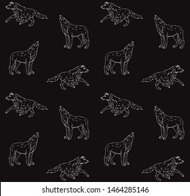 Vector seamless pattern of white hand drawn doodle sketch wolf isolated on black background