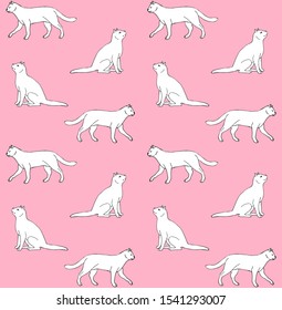 Vector seamless pattern of white hand drawn doodle sketch cats isolated on pastel pink background