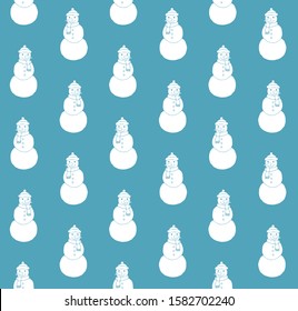 Vector seamless pattern of white hand drawn doodle sketch snowman isolated on blue background