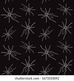 Vector seamless pattern of white hand drawn doodle sketch spider isolated on black background