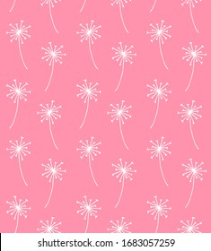 Vector seamless pattern of white hand drawn doodle sketch dandelion flower branch isolated on pink background