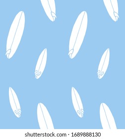 Vector seamless pattern of white hand drawn doodle sketch surf board isolated on pastel blue background