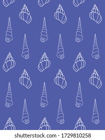 Vector seamless pattern of white hand drawn doodle sketch shell isolated on blue background