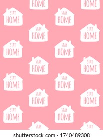 Vector seamless pattern of white hand drawn doodle sketch stay home lettering in house silhouette isolated on pink background