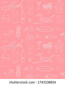 Vector seamless pattern of white hand drawn sketch travel doodles isolated on pink background