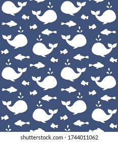 Vector seamless pattern of white hand drawn doodle sketch fish and whale silhouette isolated on blue background