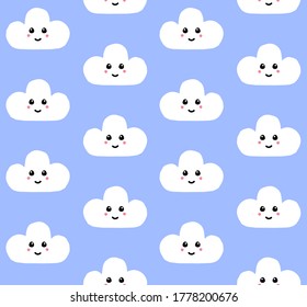 Vector seamless pattern of white hand drawn doodle sketch cloud with face isolated on blue background