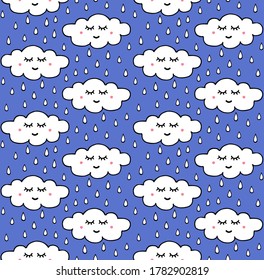 Vector seamless pattern of white hand drawn doodle sketch raining clouds with kawaii face isolated on blue background