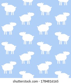 Vector seamless pattern of white hand drawn doodle sheep silhouette isolated on blue background