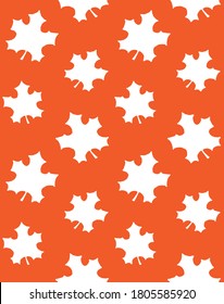 Vector seamless pattern of white hand drawn doodle sketch maple leaves silhouette isolated on orange background
