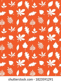 Vector seamless pattern of white hand drawn leaves silhouette isolated on orange background
