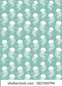 Vector seamless pattern of white hand drawn jelly fish silhouette isolated on mint green background