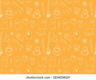 Vector seamless pattern of white hand drawn doodle sketch Halloween elements isolated on orange background