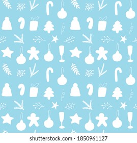 Vector seamless pattern of white hand drawn doodle sketch Christmas new year elements silhouette isolated on blue background