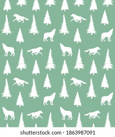 Vector seamless pattern of white hand drawn wolf and spruce tree silhouette isolated on mint green background