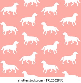 Vector seamless pattern of white hand drawn retriever dog silhouette isolated on pink background