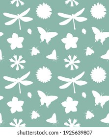 Vector seamless pattern of white hand drawn insects and flowers silhouette isolated on mint background