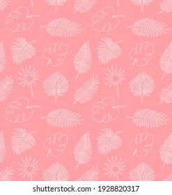 Vector seamless pattern of white hand drawn doodle sketch palm leaves isolated on pink background