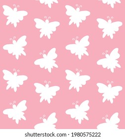 Vector Seamless Pattern Of White Hand Drawn Doodle Butterfly Butter Fly Silhouette Isolated On Pink Background