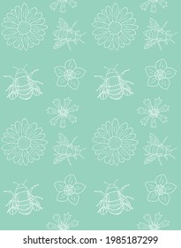 Vector seamless pattern of white hand drawn doodle sketch flowers and bee bumblebee insects isolated on mint green background