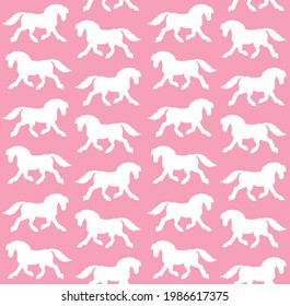 Vector seamless pattern of white hand drawn draft horse silhouette isolated on pink background