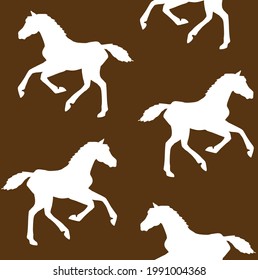 Vector seamless pattern of white hand drawn horse foal silhouette isolated on brown background